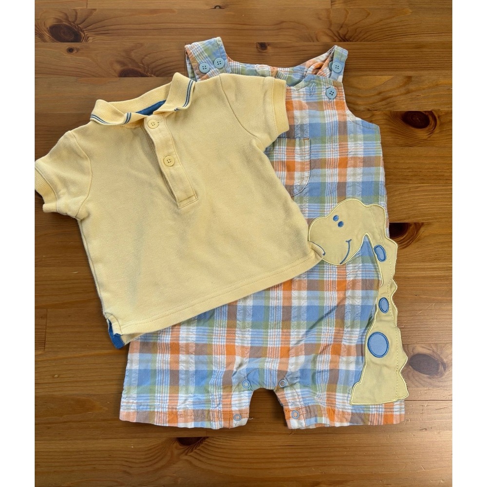 Vintage‎ Baby Little Me Dinosaur Shortalls and Shirt Set Size 6 Months